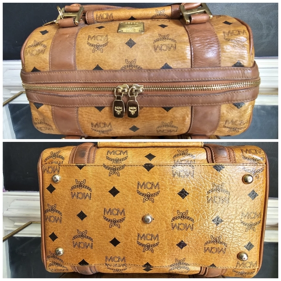 MCM Visetos Boston Bag Cognac With MCM Charm - Picture 8 of 12